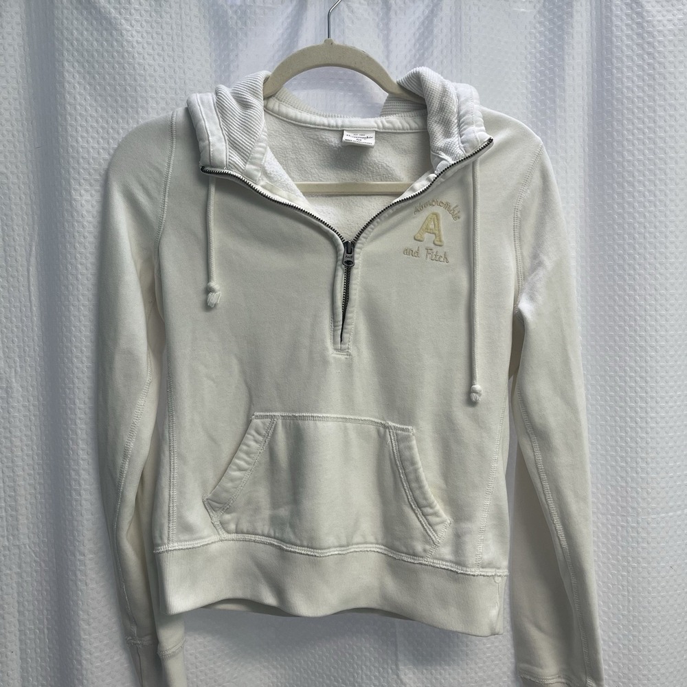 Abercrombie &Fitch Ivory 1/4 Zip Cropped Spell out Hoodie Medium Y2K